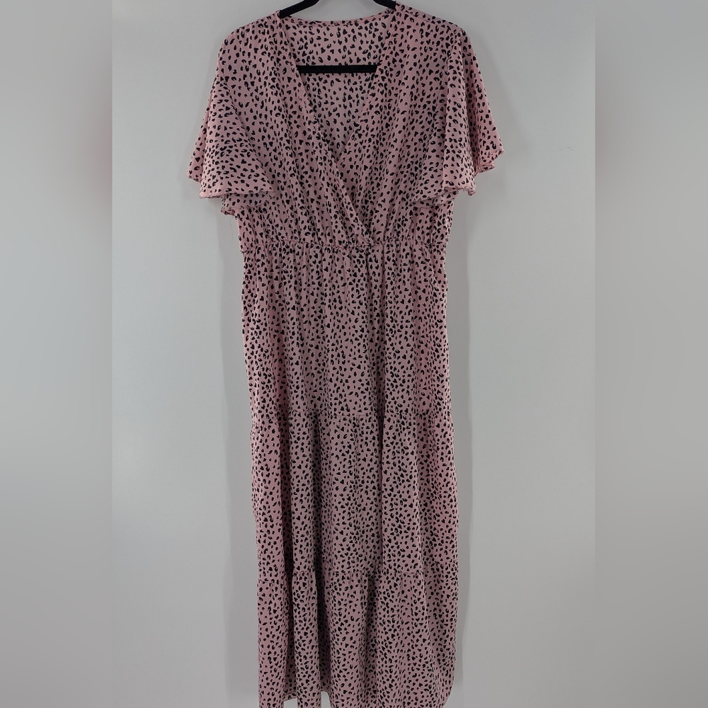 Pink Cheetah Print Tiered Maxi Dress Flutter Sleeve V-Neck Boho Summer Frock 1xl